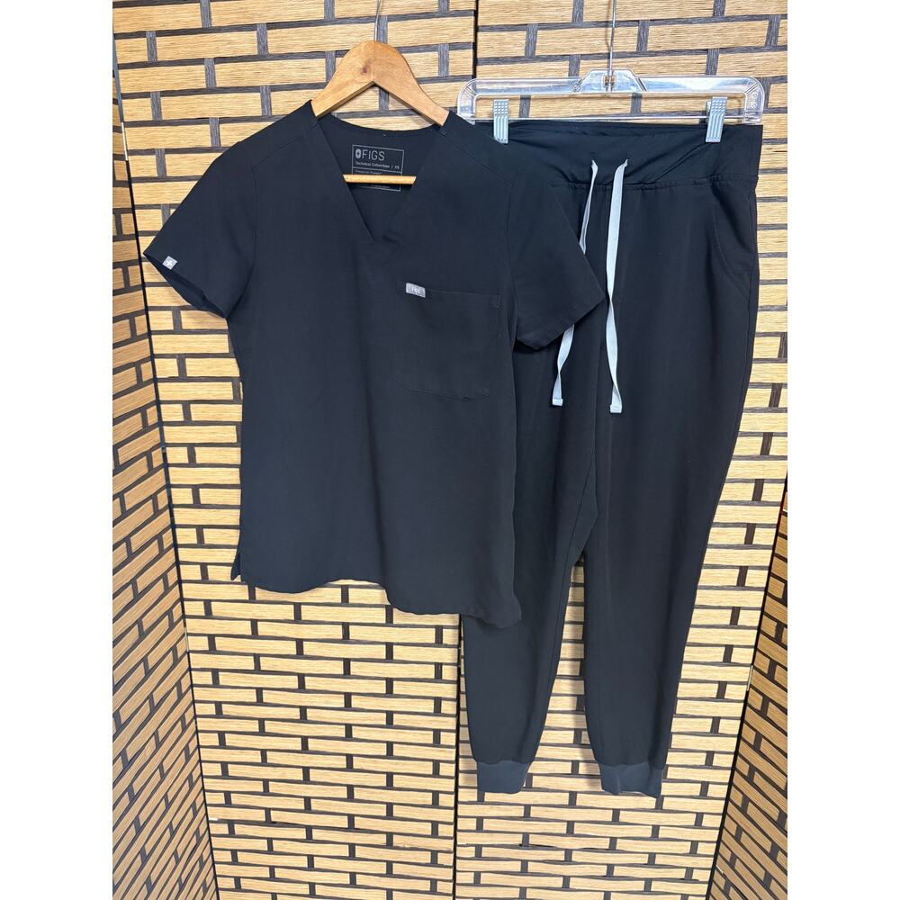 Figs Black Scrub Top and Drawstring Jogger Set